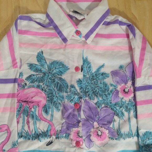 Vintage Touche L.A. Striped Flamingoes Floral Button Down Shirt - Picture 1 of 7